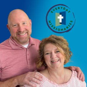 A man and woman smiling at the camera with the logo for Everyday Missionaries on the background.