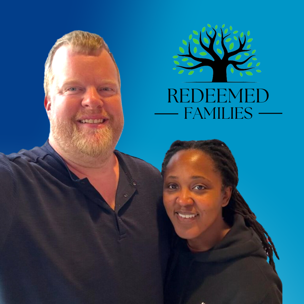 A white man and black woman smiling at the camera with the logo Redeeming Families on a blue background.